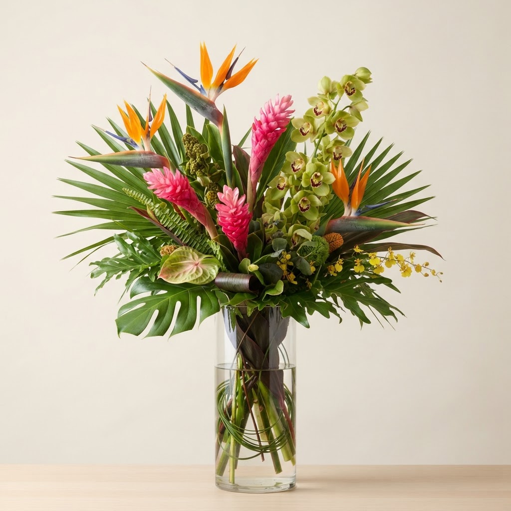 Vibrant tropical arrangement of bird of paradise, pink ginger and green orchids in a tall glass vase