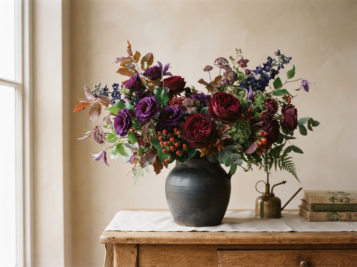 Deep purple and burgundy arrangement with purple lisianthus, burgundy roses and red hypericum berries in a dark ceramic vase