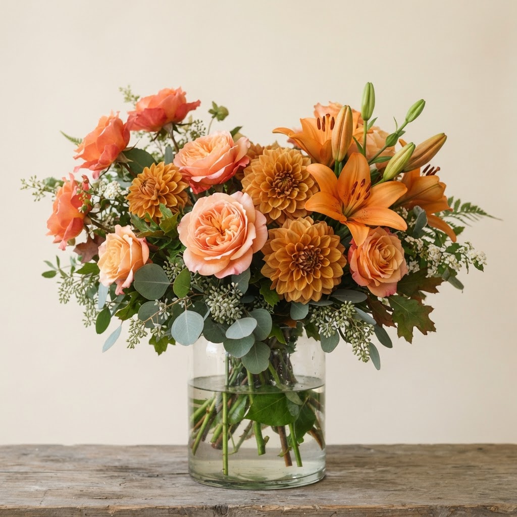 Warm arrangement of coral and peach roses with amber dahlias and orange lilies in a clear glass vase