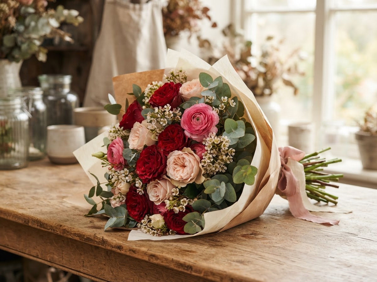 Love and romance bouquet of deep red and blush garden roses, pink ranunculus and eucalyptus, hand-tied in cream paper