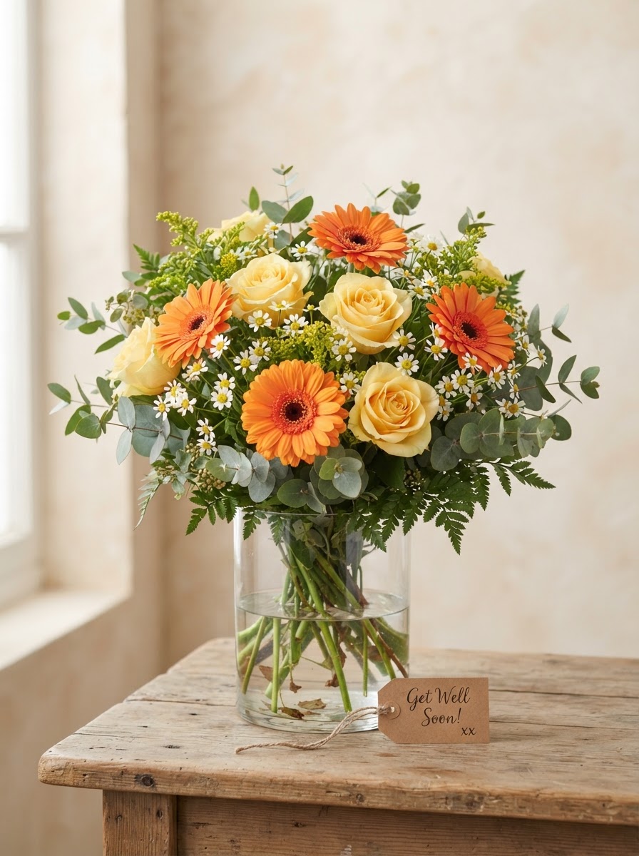 Bright get-well arrangement of orange gerbera daisies and yellow roses with white daisies in a clear glass vase