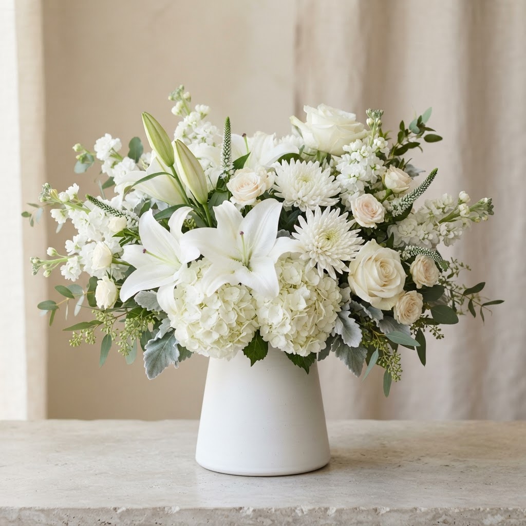 Elegant all-white sympathy arrangement of white lilies, roses, chrysanthemums and hydrangea in a matte white ceramic vase