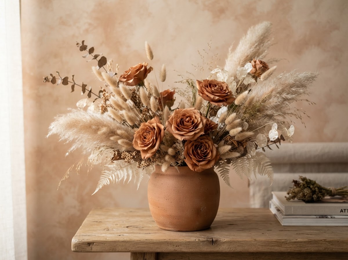 Warm terracotta arrangement with terracotta roses, dried bunny tail grass and beige pampas in a ceramic vessel