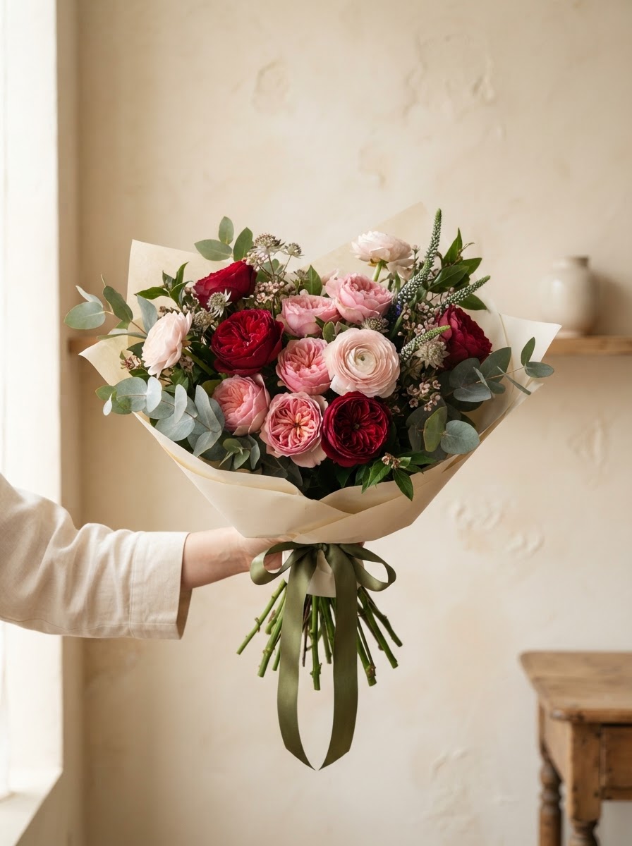 Romantic bouquet of red and pink garden roses with blush ranunculus and silver eucalyptus hand-tied in cream paper