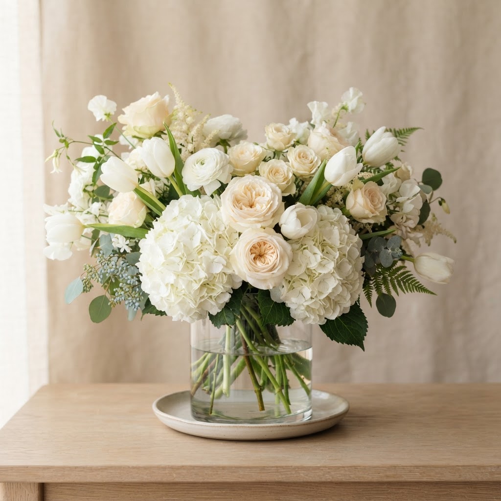 Soft cream and white arrangement of cream roses, white tulips and white hydrangea in a clear glass vase