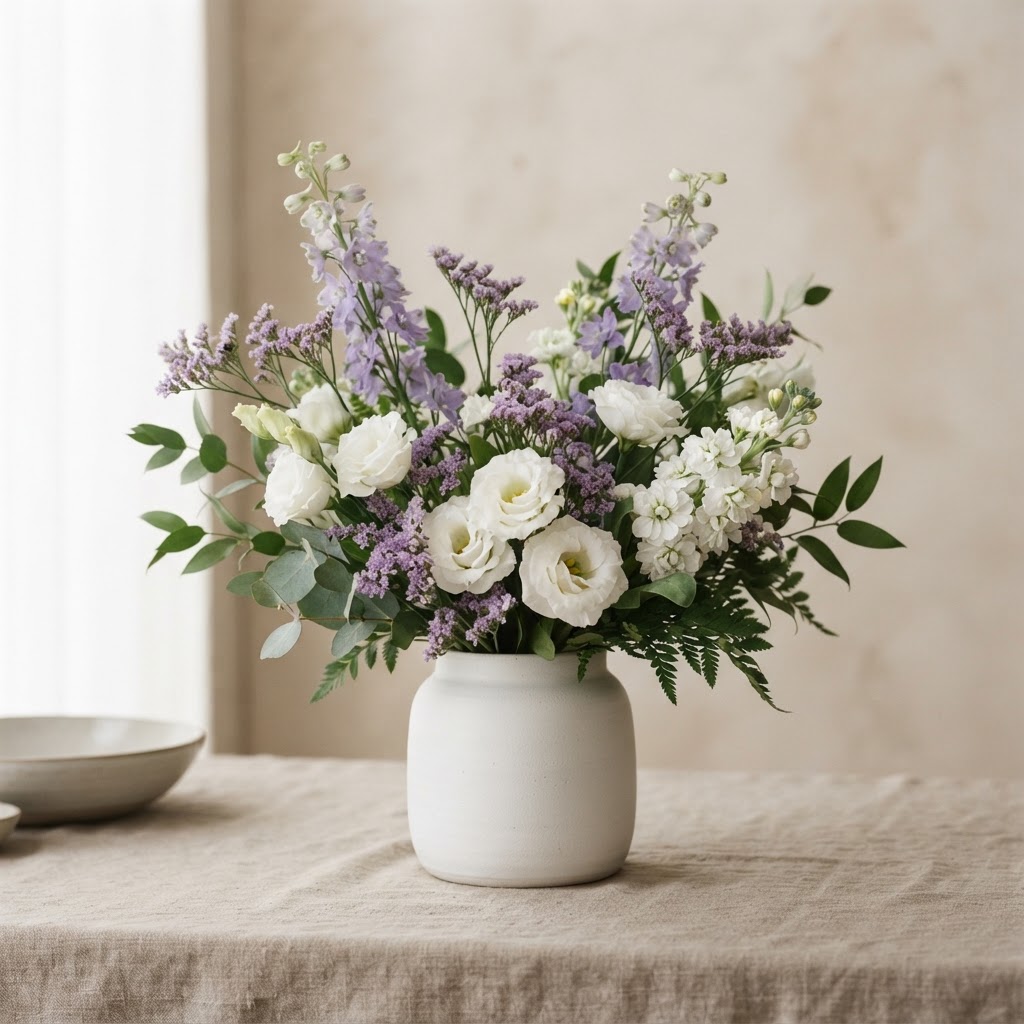 Calming lavender and white arrangement of larkspur, statice, lisianthus and white stock in a matte white ceramic vase