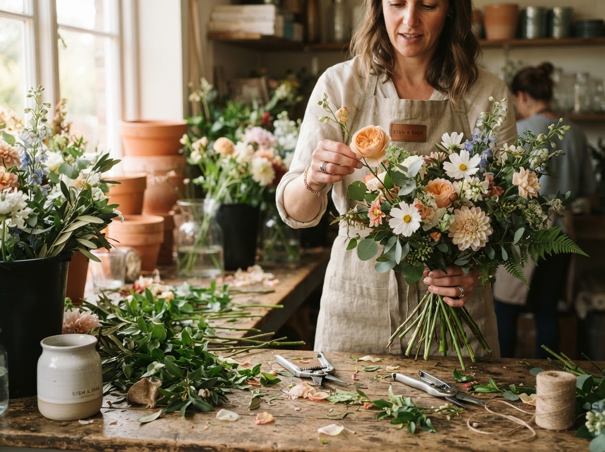 Florist hands artfully arranging fresh blooms in a studio