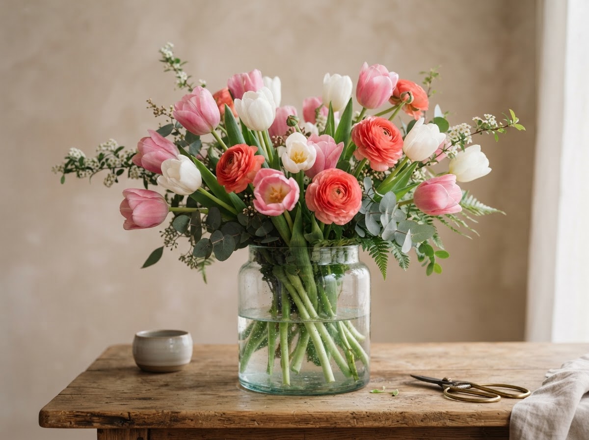 Fresh pink and white tulip arrangement with a few coral ranunculus in a clear glass vase