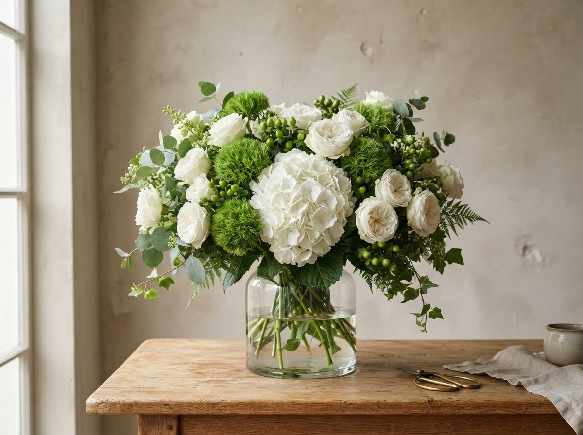 Fresh green and white arrangement with green trick dianthus, white hydrangea and white roses in a clear glass vase