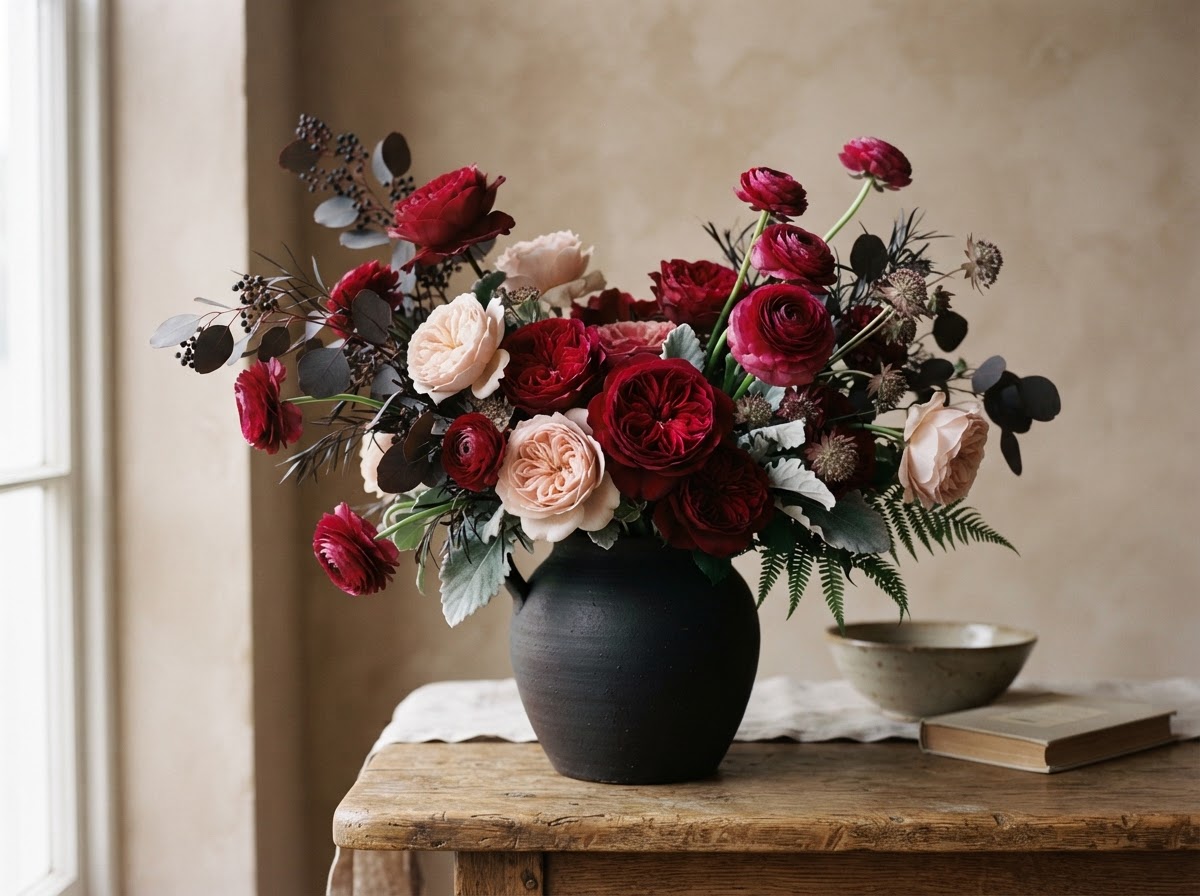 Moody romantic arrangement of burgundy and blush garden roses with deep pink ranunculus and eucalyptus in a black ceramic vase