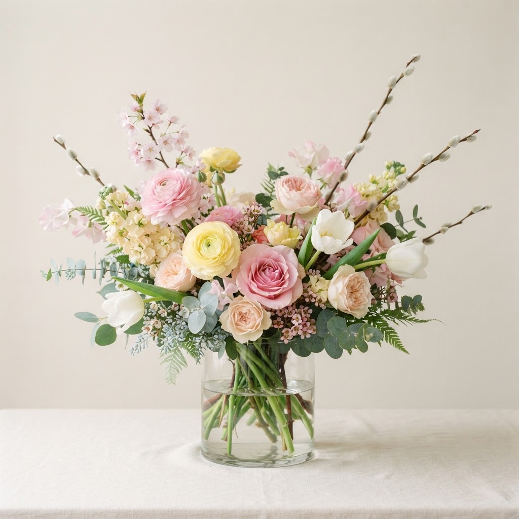 Soft pastel florist arrangement of pink and yellow spring blooms with white tulips and pussy willow in a glass vase
