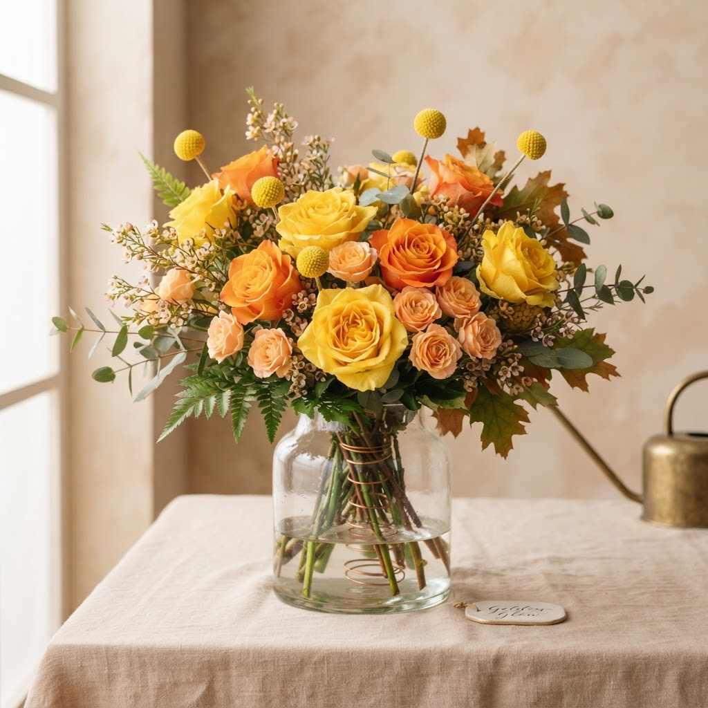 Warm golden arrangement of yellow and orange roses, yellow craspedia and peach spray roses in a clear glass vase