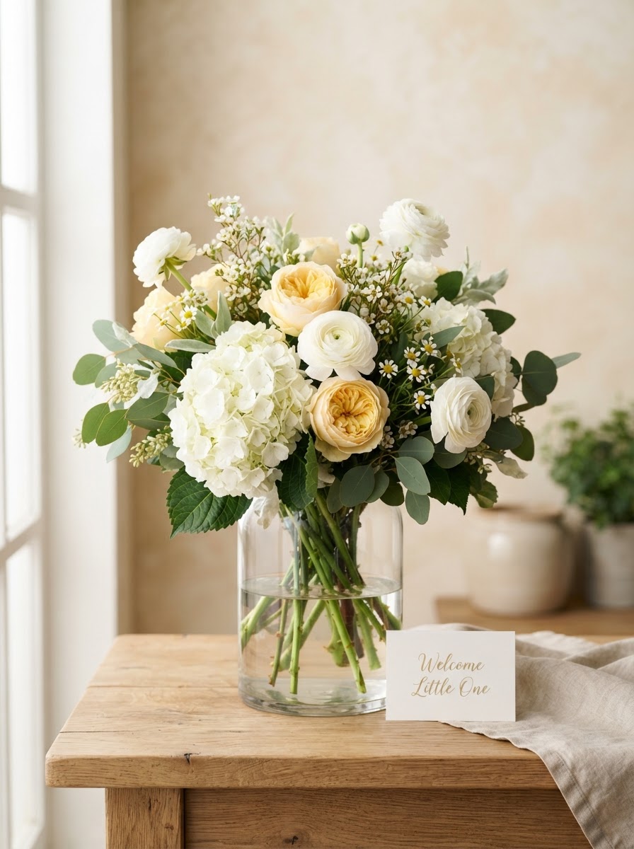 Gentle new-baby arrangement of soft yellow and white blooms with white hydrangea and pale greenery in a clear glass vase