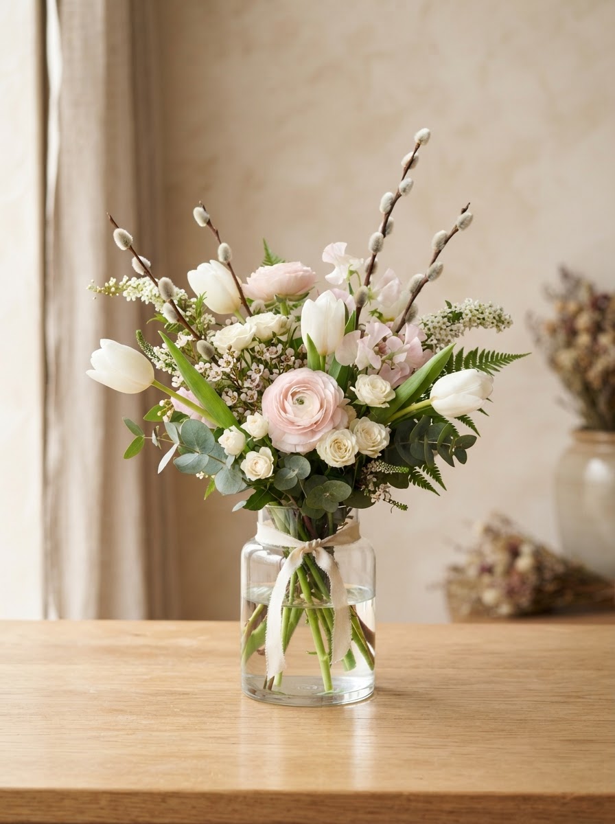 Tender new-baby arrangement of pale pink peonies and blush roses with white hydrangea in a blush ceramic vase