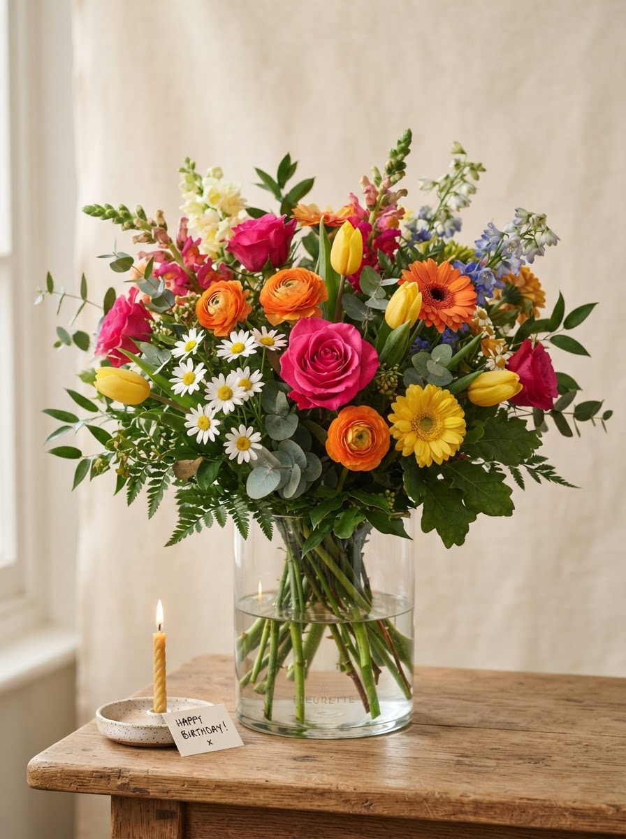 Festive birthday arrangement of hot pink, orange and yellow mixed blooms with daisies in a clear glass vase