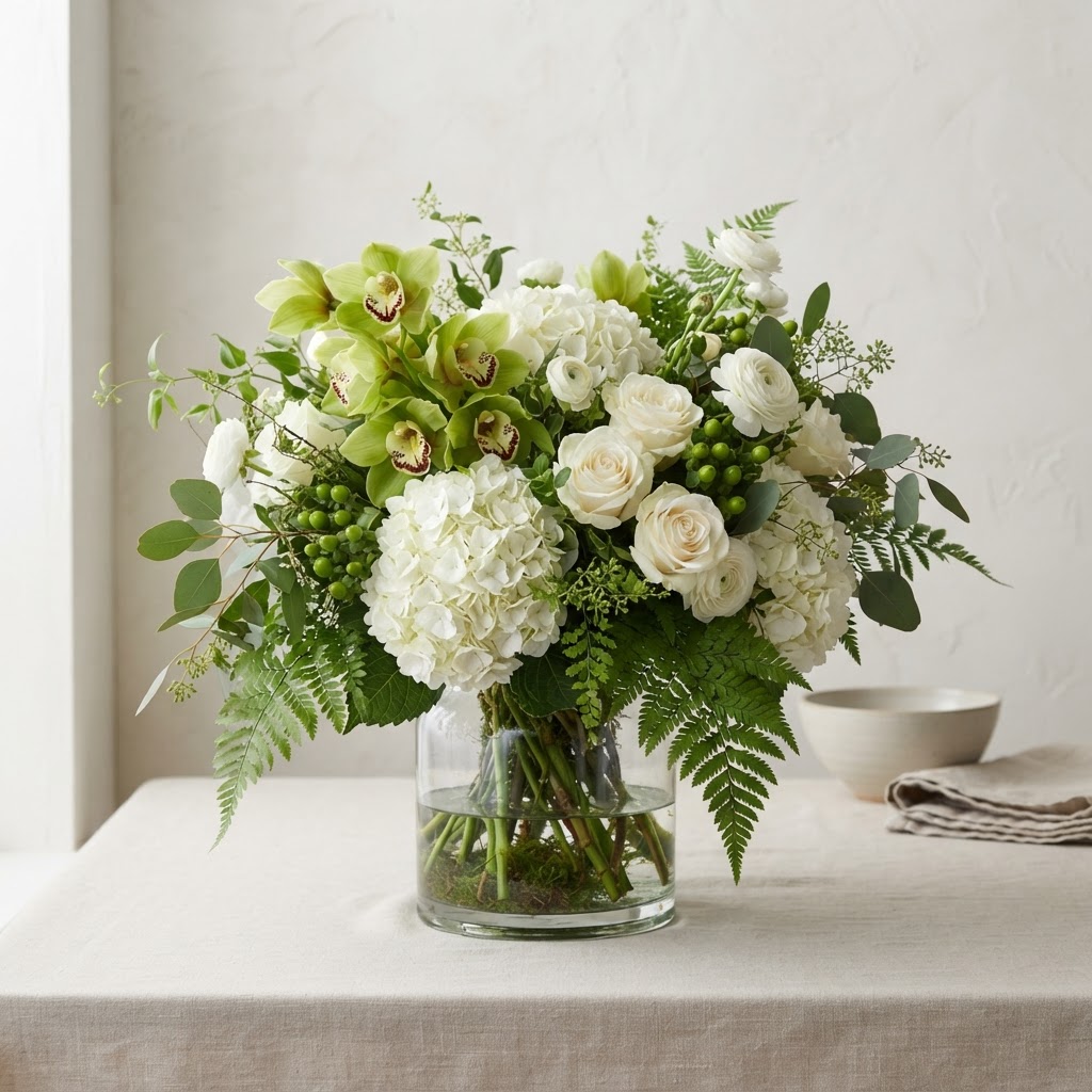 Green and white textural arrangement of white hydrangea, green cymbidium orchids, white roses and fern fronds in a clear glass vase