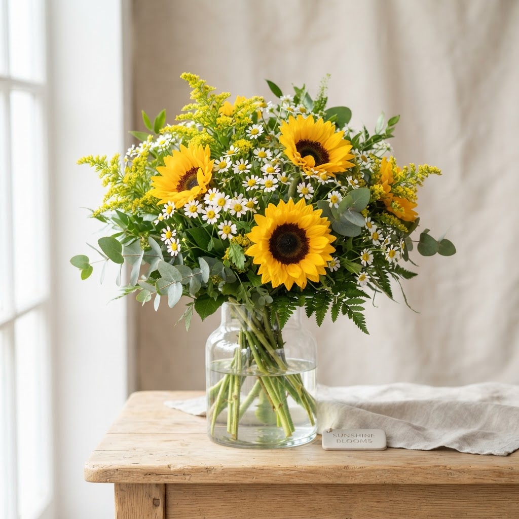 Cheerful bright arrangement of yellow sunflowers, white daisies and yellow solidago in a clear glass vase
