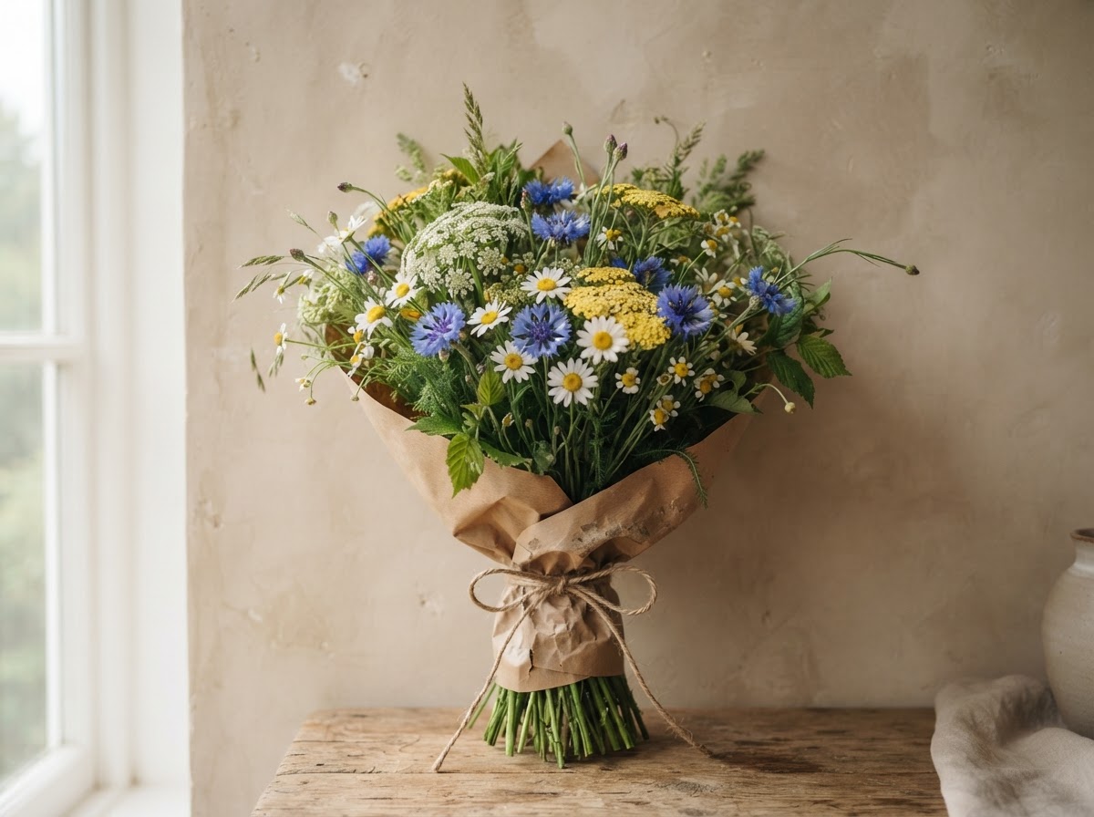 Casual just-because wildflower bouquet of cornflowers, daisies, yarrow and mixed field flowers loosely hand-tied in craft paper with twine