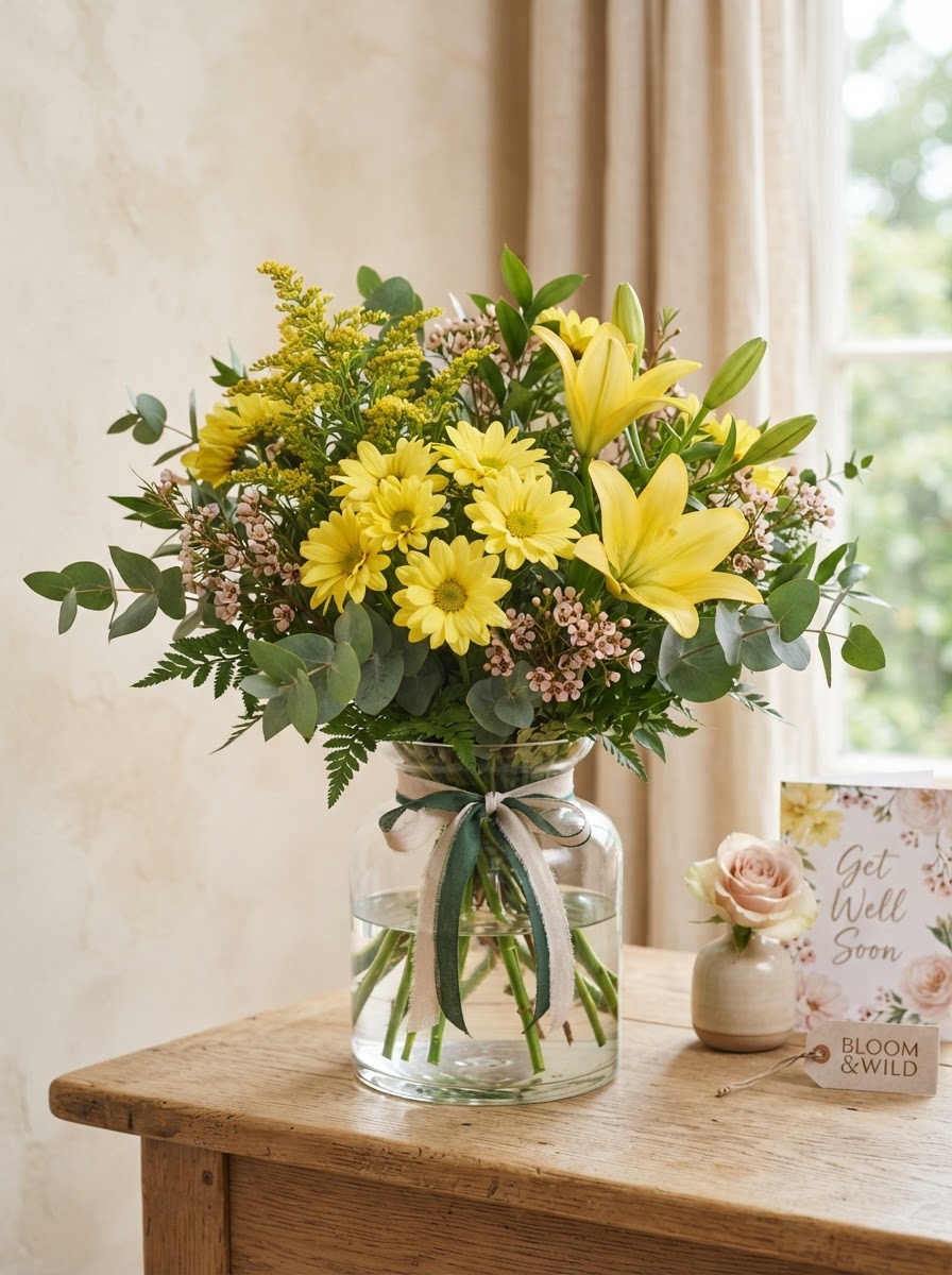 Cheerful get-well arrangement of yellow daisies, solidago and yellow lilies in a clear glass vase
