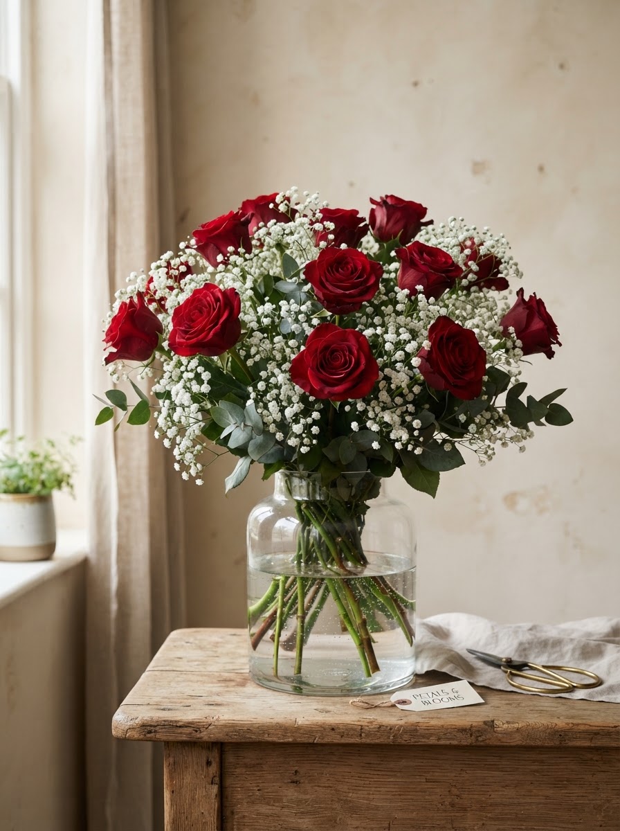 Classic romantic arrangement of deep red roses with white baby's breath in a clear glass vase