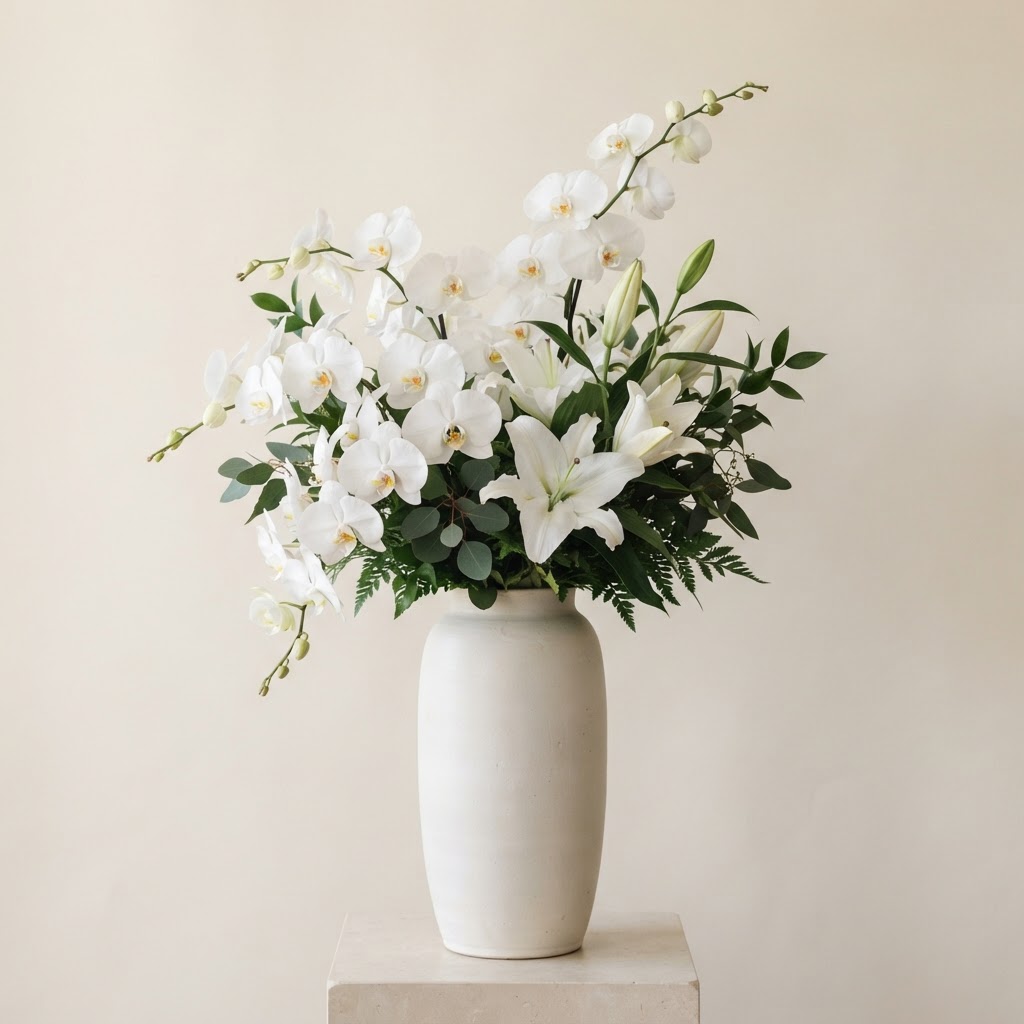 Elegant sympathy arrangement of white phalaenopsis orchids and white lilies in a tall matte ceramic vase