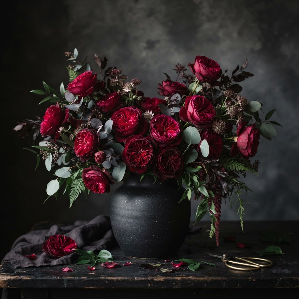 Moody romantic arrangement of deep crimson and burgundy garden roses with dark eucalyptus in a black ceramic vase