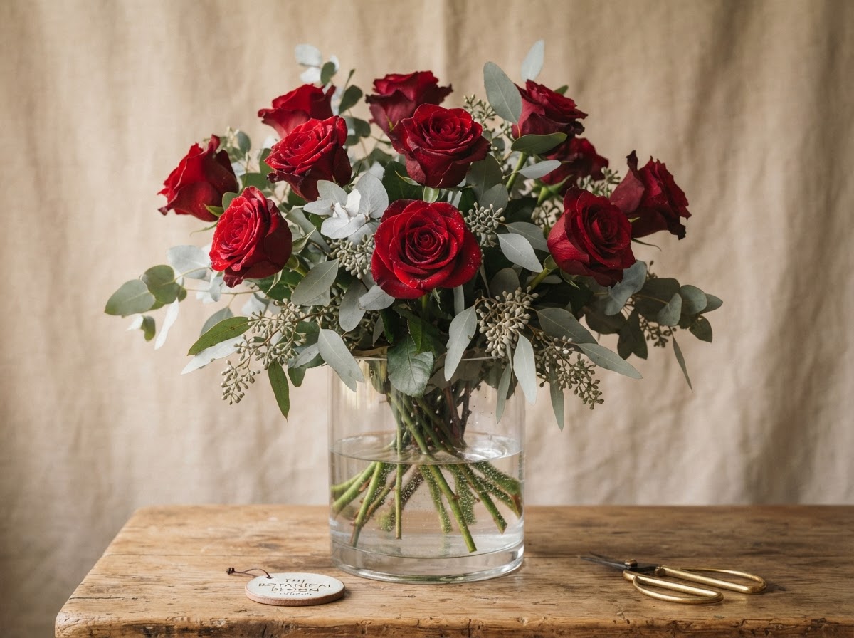 Classic dozen deep red roses with silver eucalyptus in a clear glass vase