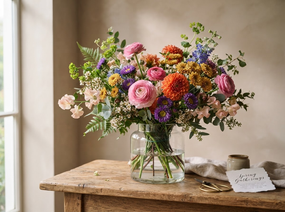 Bright mixed spring arrangement with pink ranunculus, orange dahlias, yellow chrysanthemums and purple asters in a clear glass vase