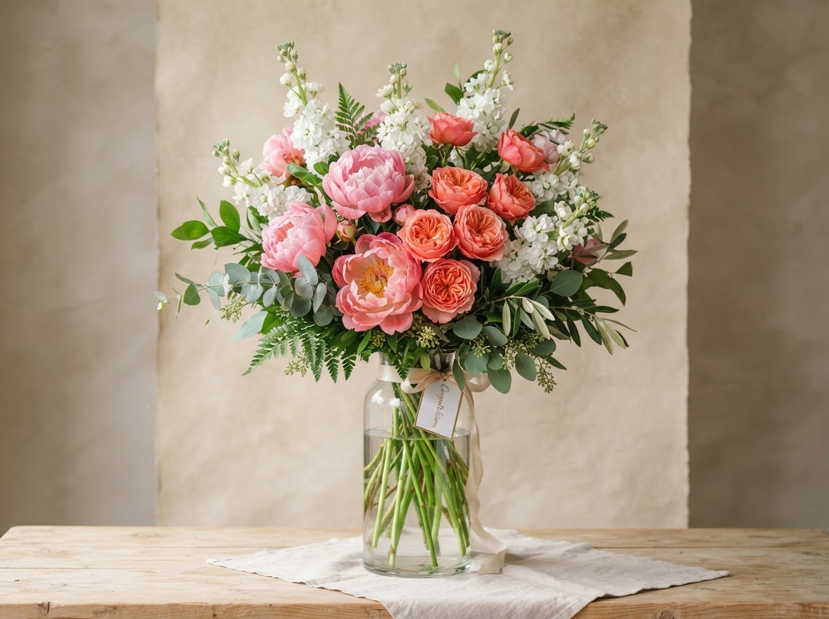 Tall dramatic congratulations arrangement of pink peonies, coral roses and white stock in a tall clear glass vase