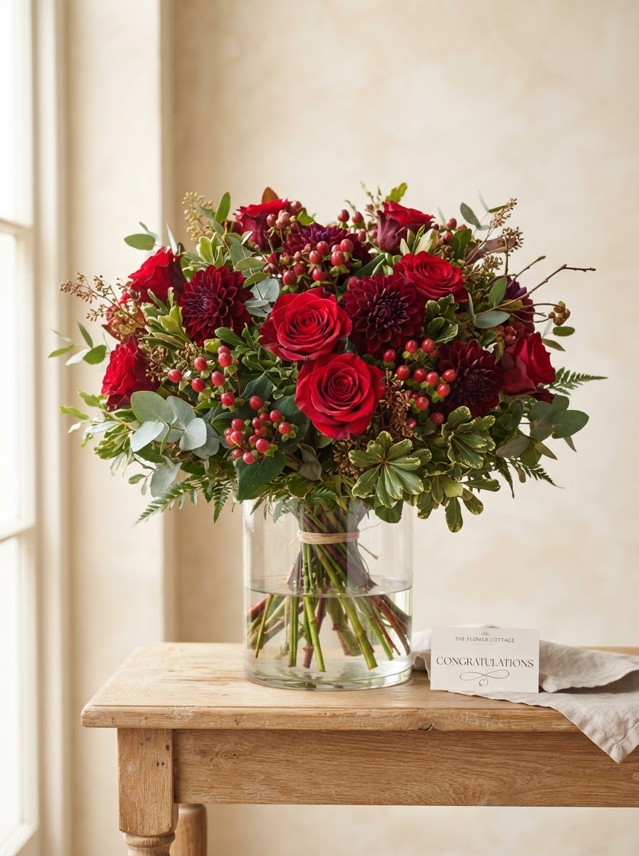 Bold congratulations arrangement of deep red roses and burgundy dahlias with red hypericum berries in a clear glass vase