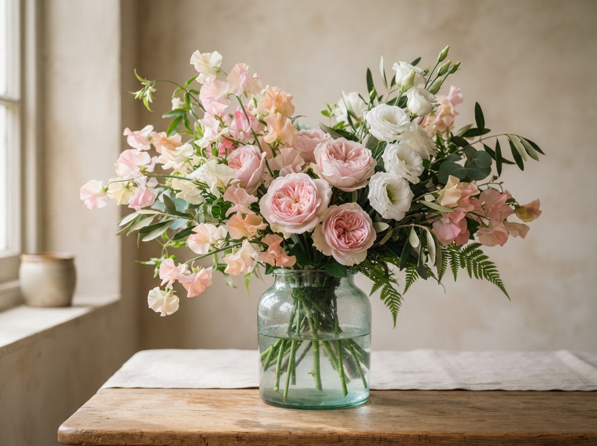Soft pastel arrangement of sweet peas, soft pink roses and white lisianthus in a clear glass vase
