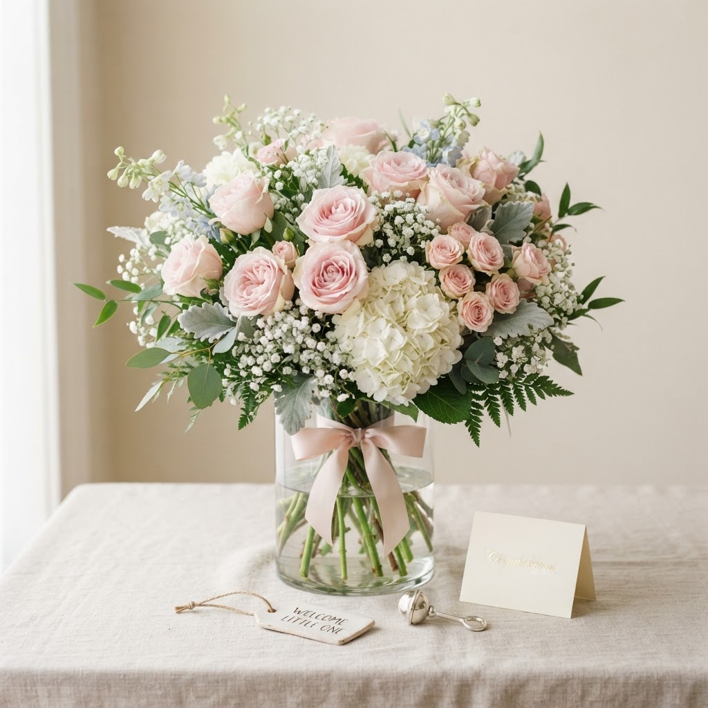 Soft pink new-baby arrangement of pink roses, white hydrangea and white baby's breath in a clear glass vase