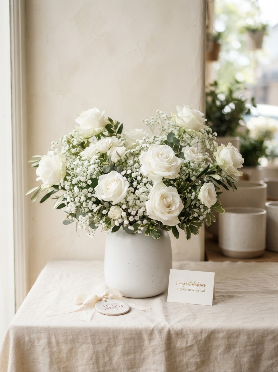 All-white new-baby arrangement of white roses and white baby's breath in a soft matte white ceramic vase