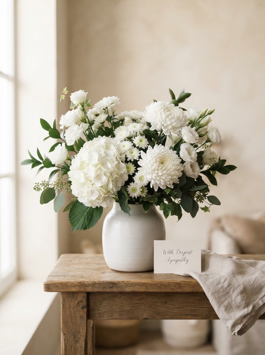Restful all-white sympathy arrangement of white chrysanthemums and white hydrangea in a matte white ceramic vase