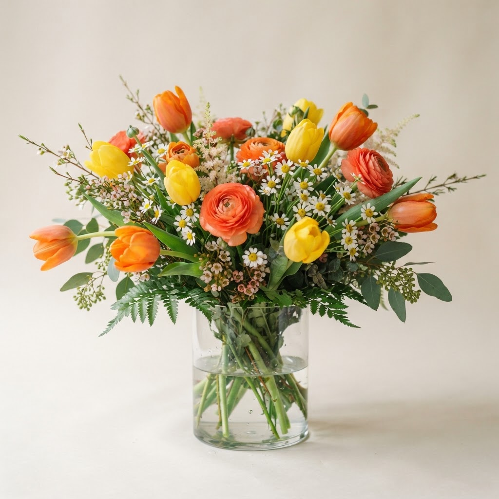 Bright orange and yellow tulips with coral ranunculus and white daisies in a clear glass vase