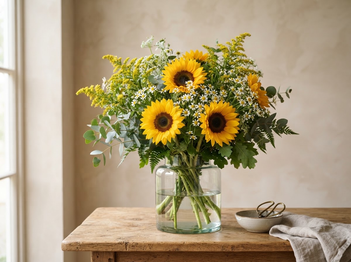 Cheerful yellow sunflower arrangement with white daisies and yellow solidago in a clear glass vase