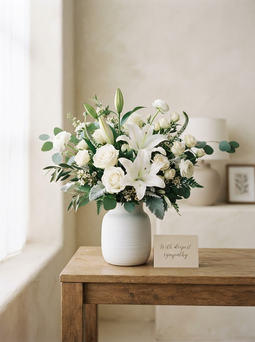 Serene sympathy arrangement of white lilies and white roses with soft greenery in a matte white ceramic vase