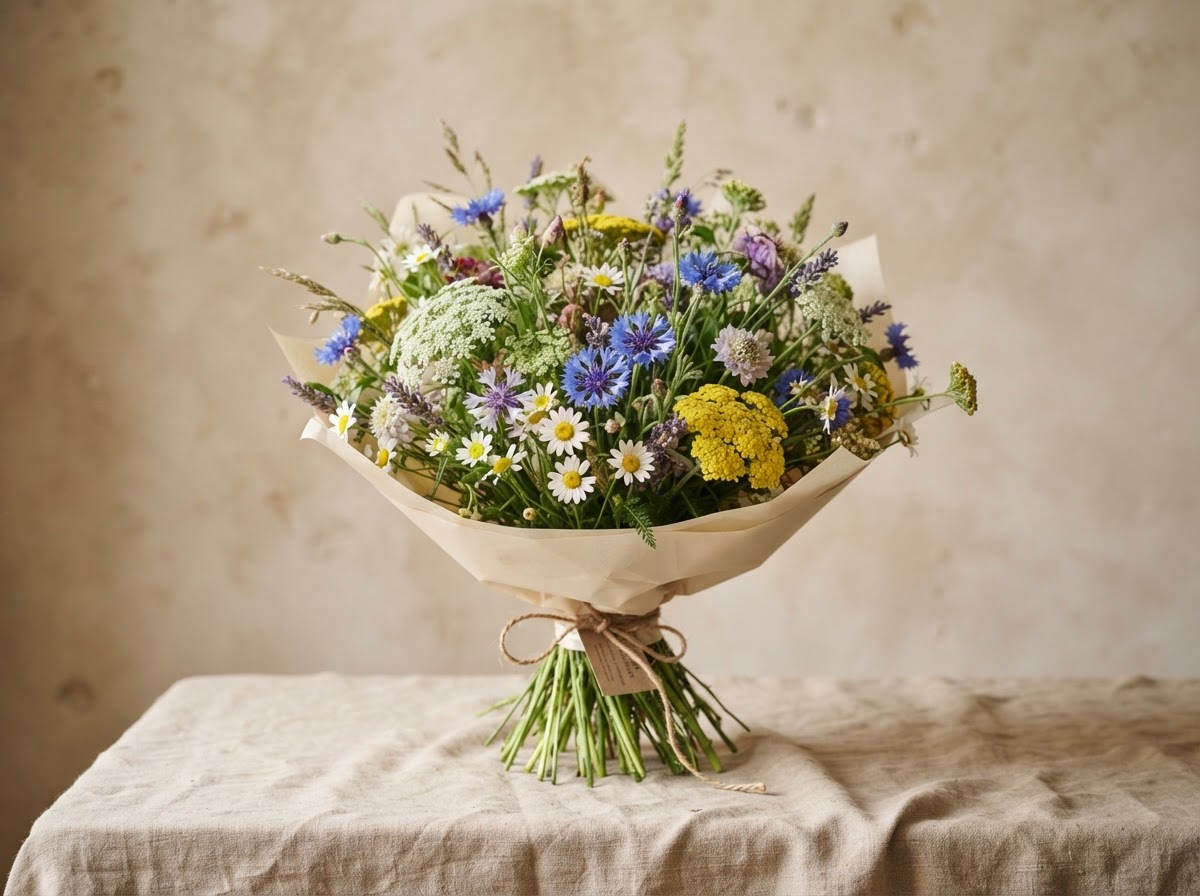 Loose hand-tied wildflower bouquet of blue cornflowers, white daisies, yellow yarrow and mixed field flowers wrapped in craft paper