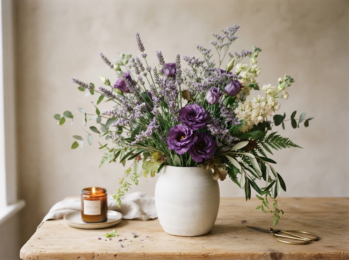 Serene lavender arrangement with purple lisianthus, lavender statice and white stock in a matte white ceramic vase