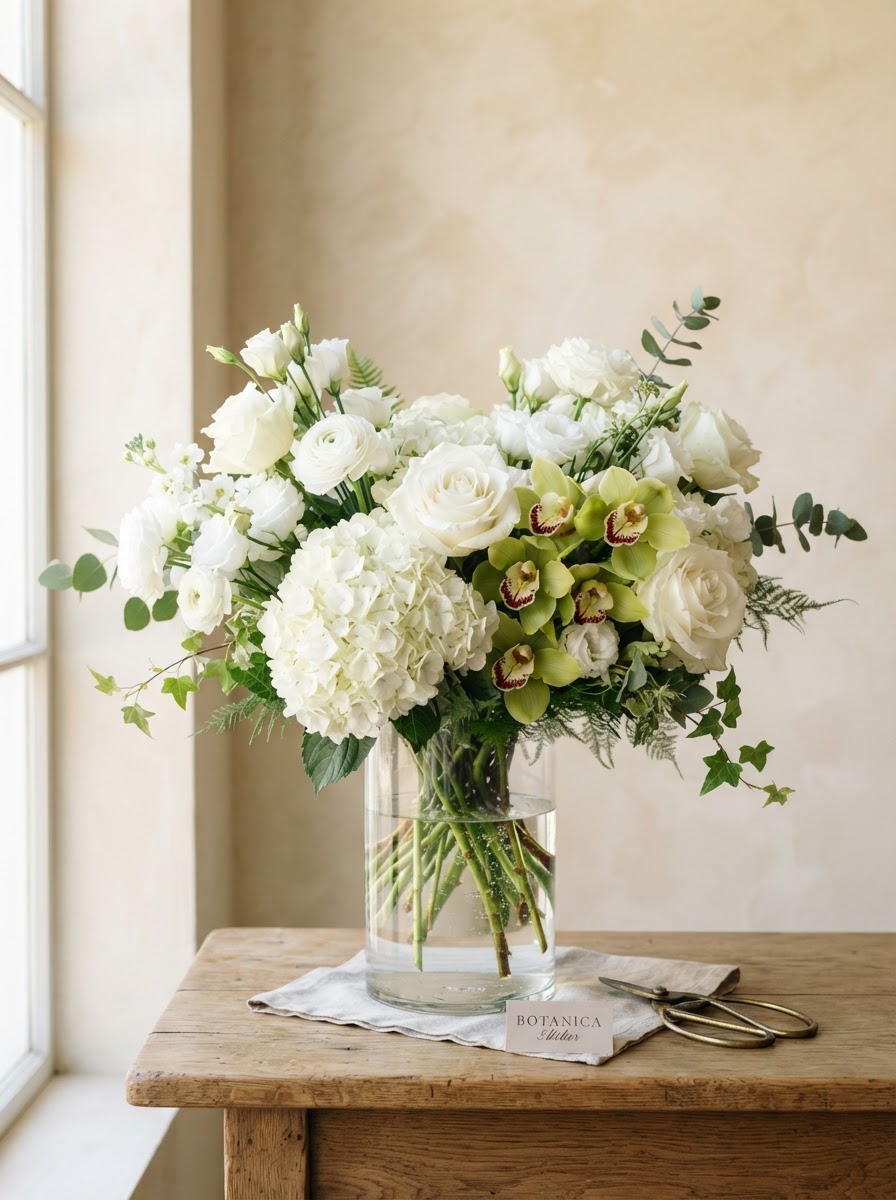 Fresh all-white arrangement of white hydrangea and white roses with a touch of green cymbidium orchid in a clear glass vase