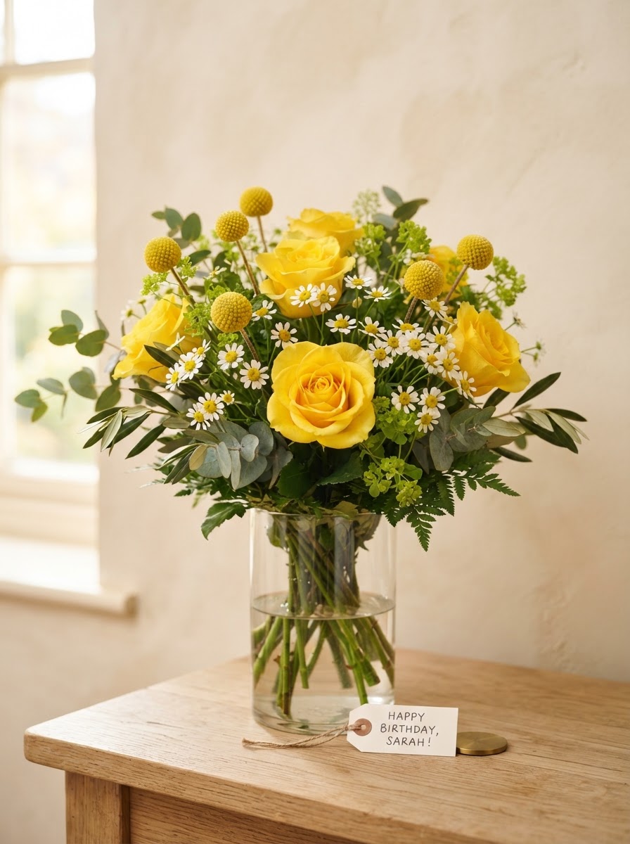 Cheerful birthday arrangement of yellow roses, yellow craspedia and white daisies in a clear glass vase