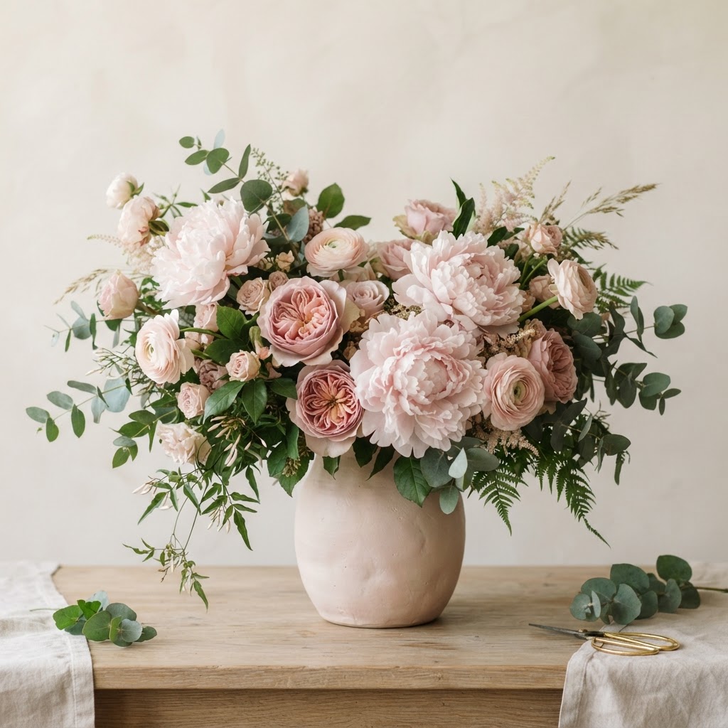 Soft blush peonies and dusty pink garden roses with eucalyptus in a blush ceramic vase
