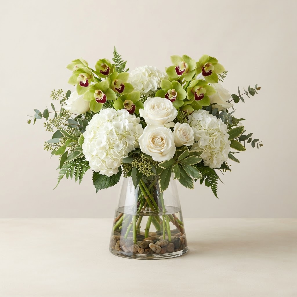 Sophisticated arrangement of white hydrangea and green cymbidium orchids with white roses in a clear glass vase