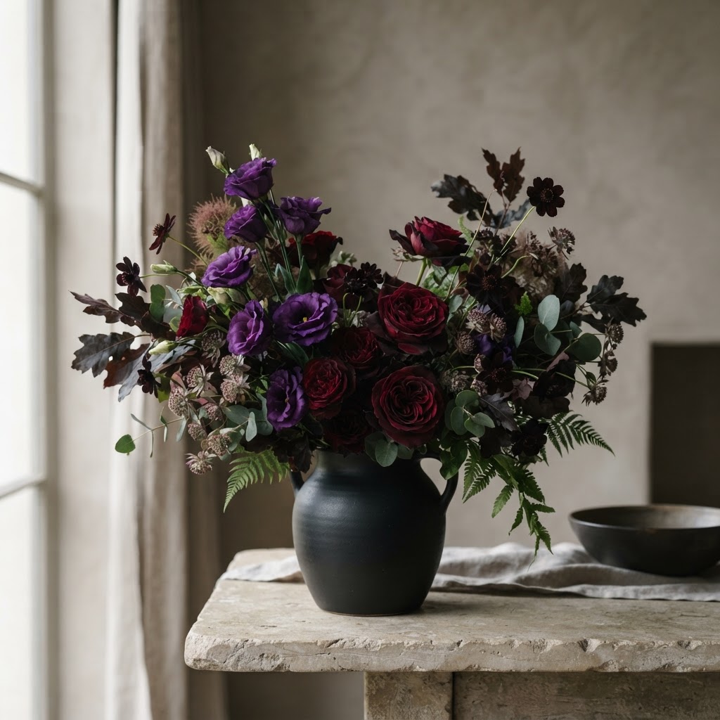Moody dramatic arrangement of deep purple lisianthus, burgundy roses and dark foliage in a matte black ceramic vase
