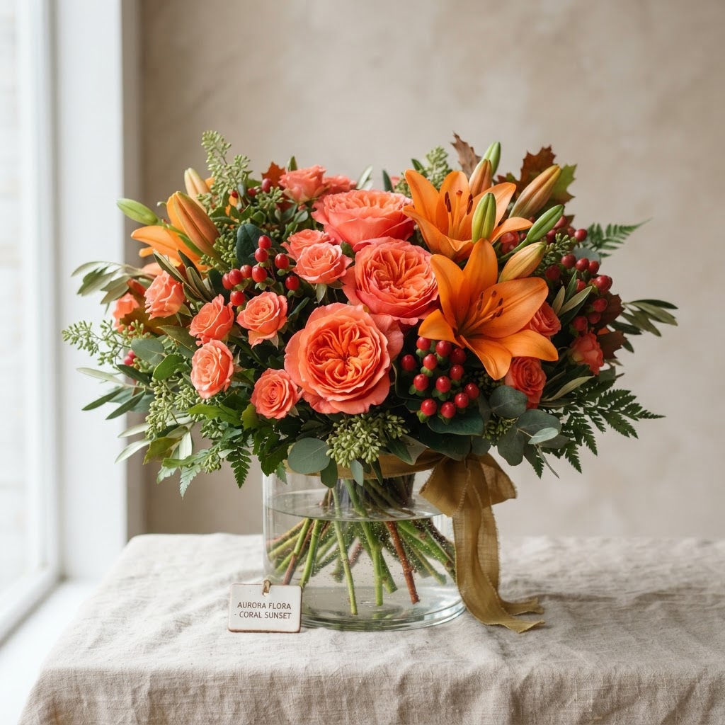 Vibrant coral arrangement of coral roses, orange lilies and red hypericum berries in a clear glass vase