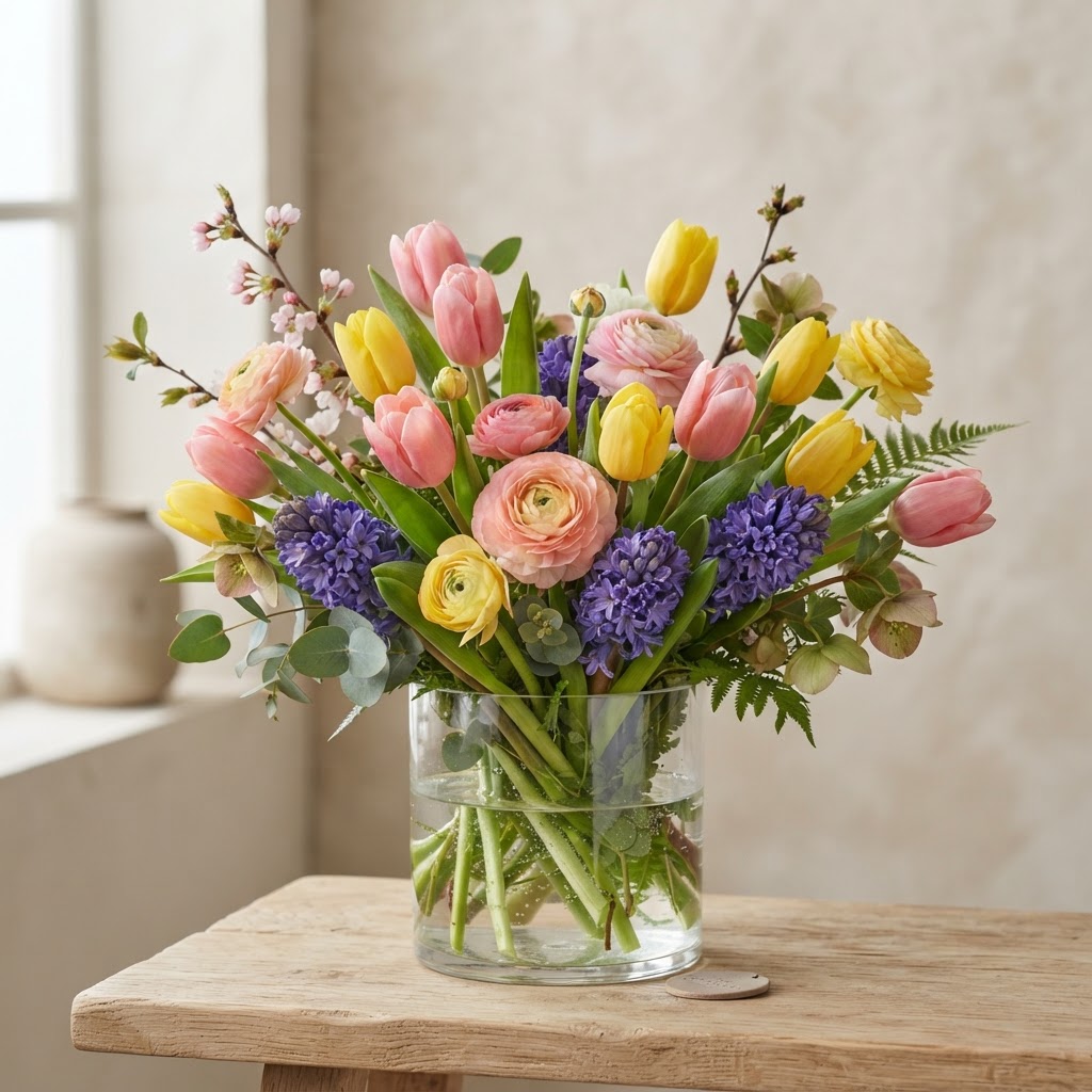 Fresh spring arrangement of pink and yellow tulips, ranunculus and purple hyacinth in a clear glass vase