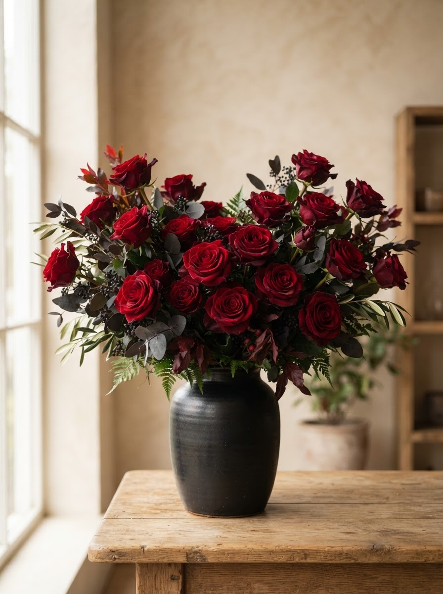 Dramatic romantic arrangement of deep velvet red roses with dark eucalyptus in a black ceramic vase