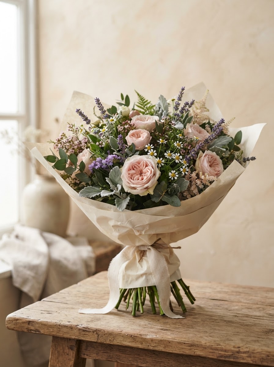 Loose just-because garden bouquet of blush roses, lavender statice, white daisies and sage hand-tied in cream paper