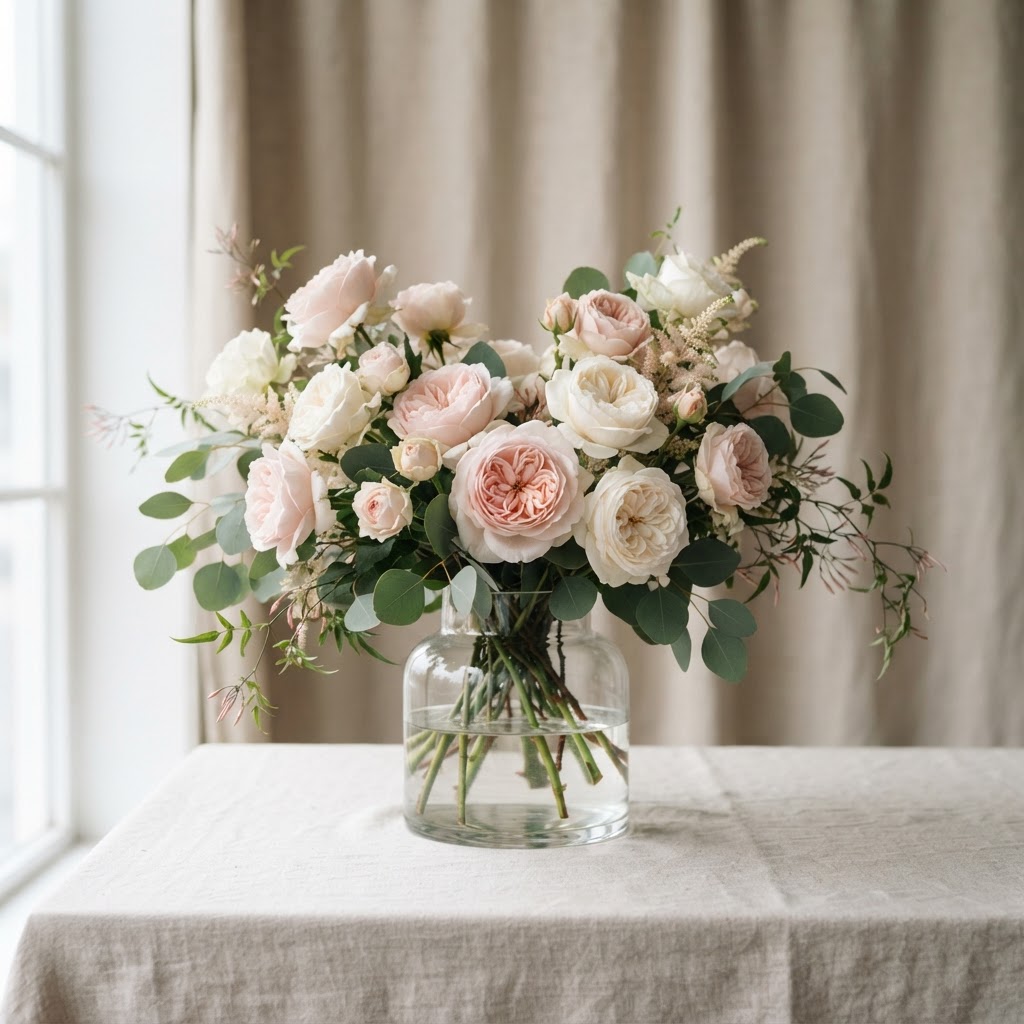 Soft romantic arrangement of white and blush pink garden roses with silver eucalyptus in a clear glass vase