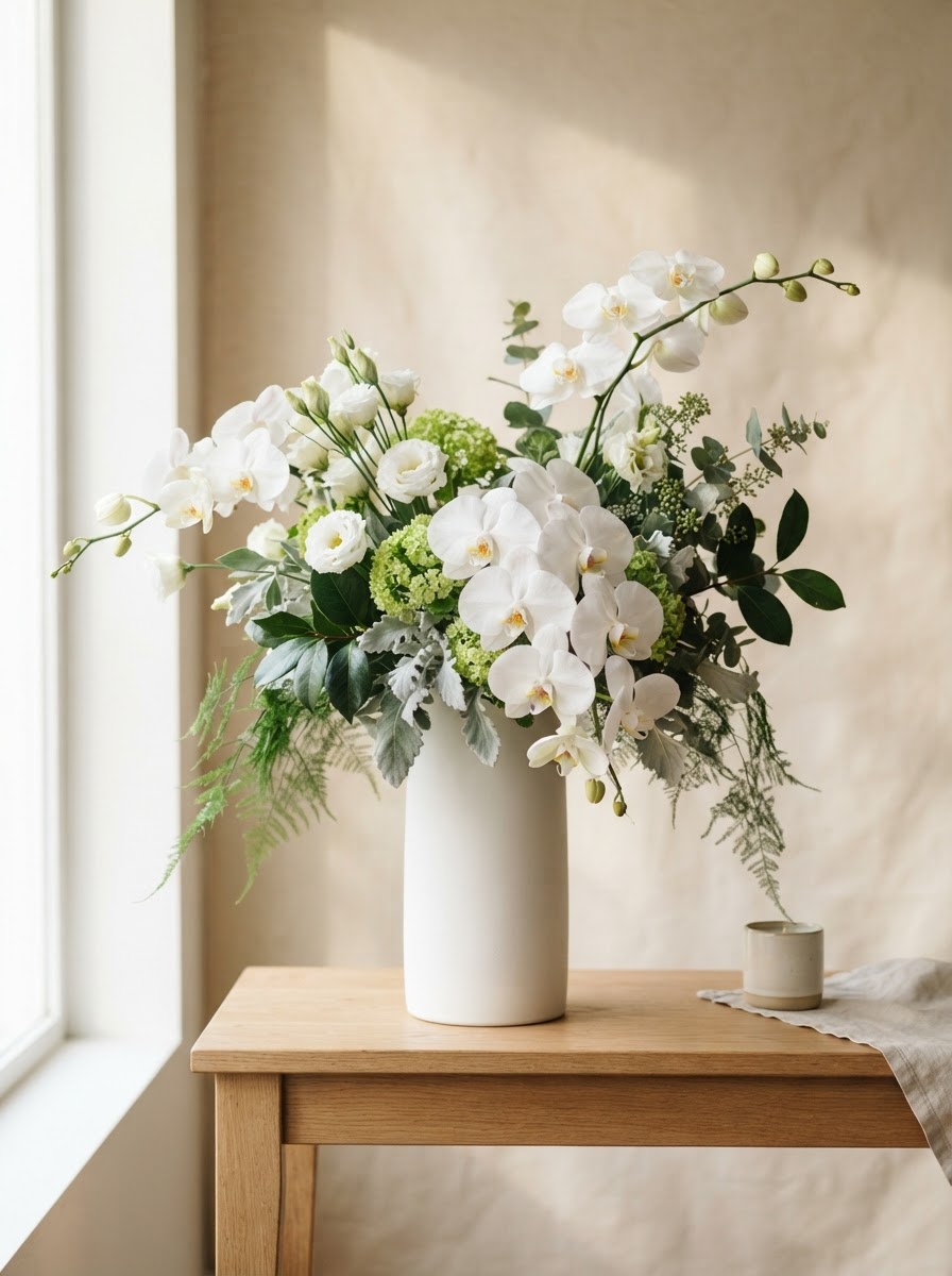 Graceful sympathy arrangement of white phalaenopsis orchids and white lisianthus in a tall matte white ceramic vase